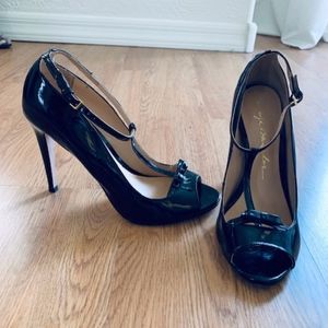 Black patent leather mary jane high heels